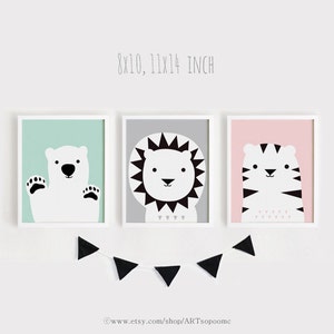 Bebé oso León tigre Arte PARED Set de 3 imprimibles infantiles decoración de la sala de arte PosterKids menta gris rosado animales impresión 5 x 7, 8 x 10, 11 x 14, A4, A3