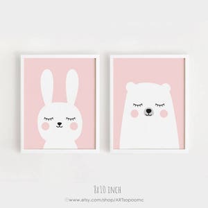 Printable Nursery Art Set of 2 Poster 50 x 70 Pink Bunny and Bear wall art Baby girls room decor 11 x 14 prints for girls Digital print