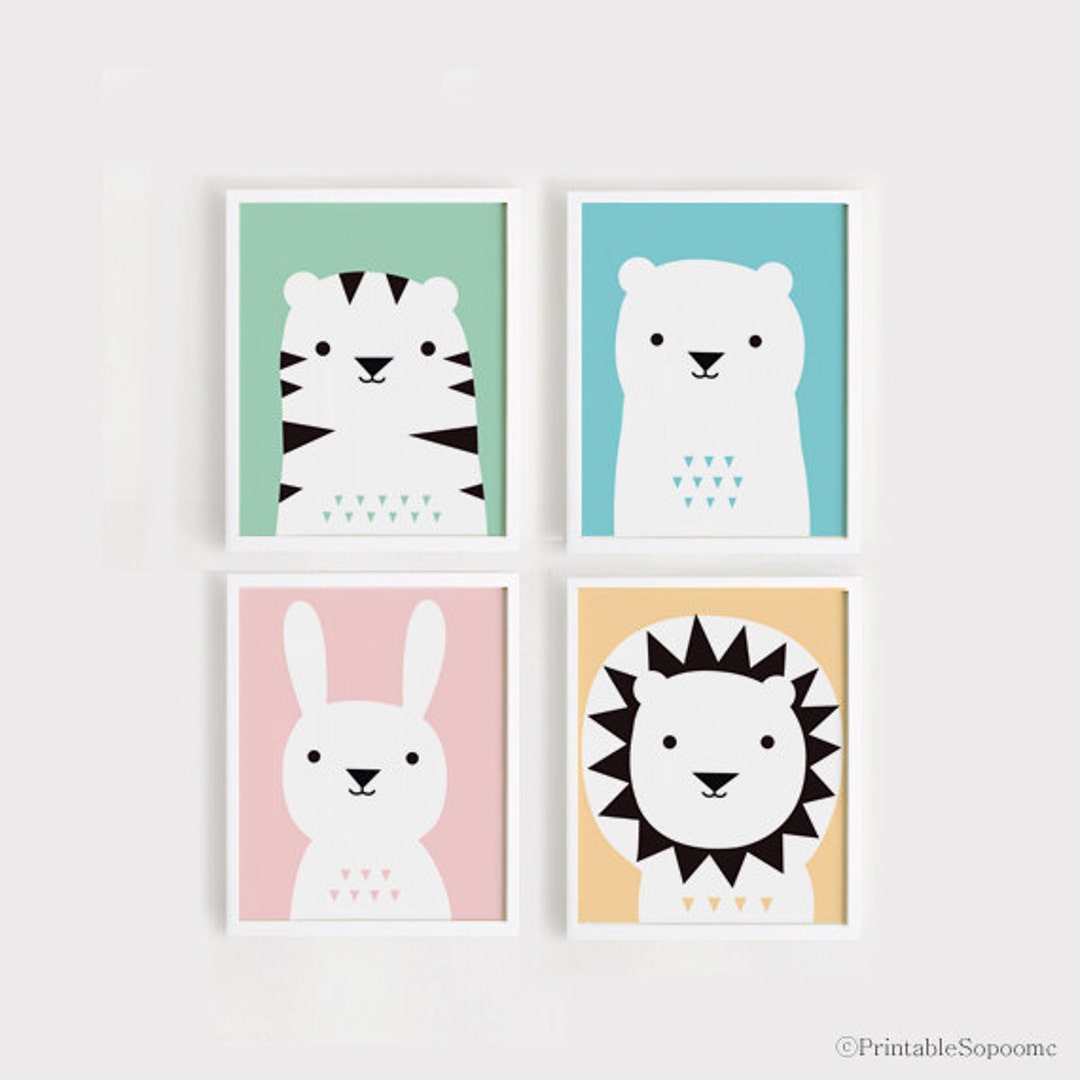 Printable Nursery Art Set of 4 Poster Bear Bunny Lion Tiger - Baby Room ...