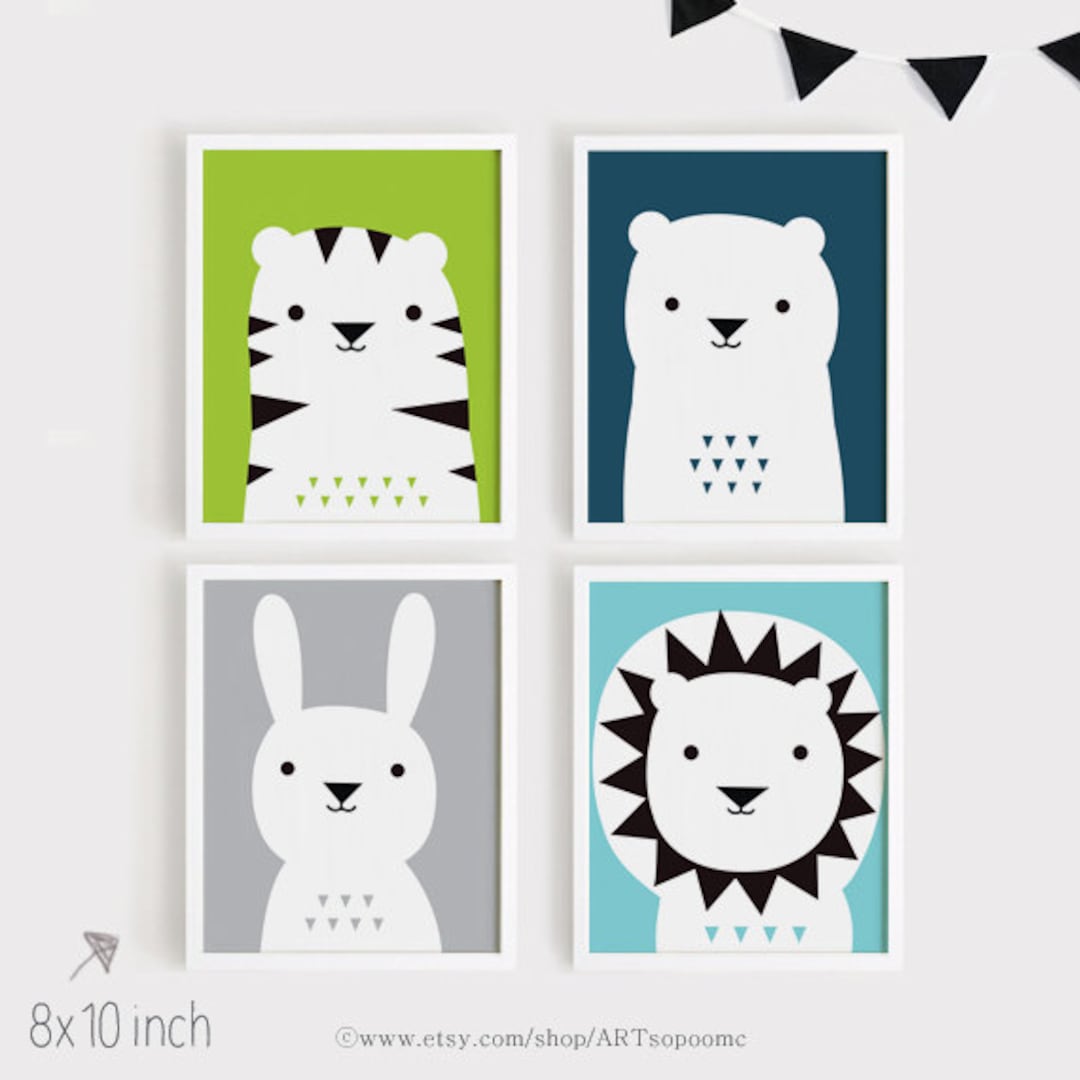 Printable Nursery Art Set of 4 Poster Bear Bunny Lion Tiger - Baby Room ...