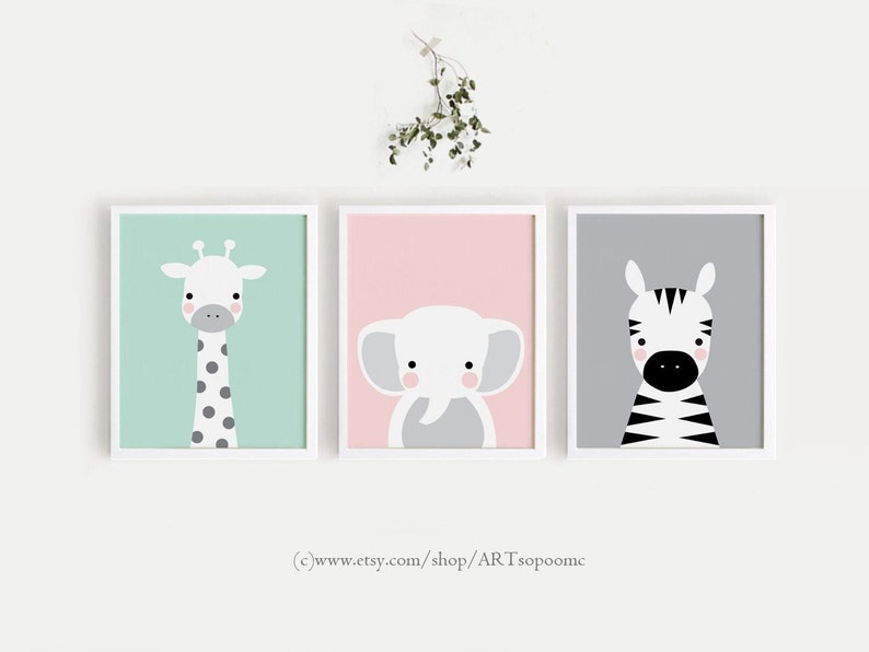 Baby animal prints for nursery Printable wall Art Set of 3 Poster Mint Pink gray Kids room decor Giraffe Elephant Zebra digital download
