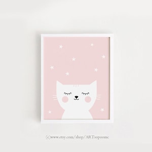 Art mural imprimable pour chambre de bébé, impression de chat rose, décoration de chambre pour bébés filles, art mignon, téléchargement numérique, 8 x 10, affiche A4, Jpeg
