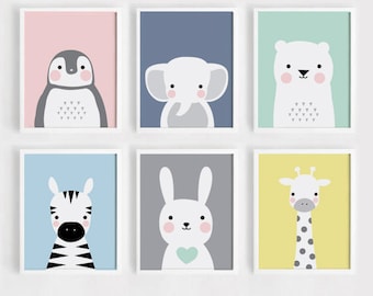 Printable Nursery wall Art Set of 6 Poster Baby art Kids room decor 5x7, 8x10, A4 Bunny Bear Animals Digital print download ARTsopoomc