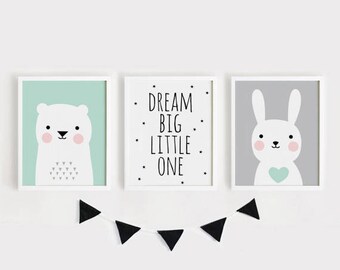 Bear, Bunny Nursery Art Set, Dream Big Prints (Digital Download)