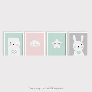 Printable Nursery Art Set of 4 Poster Bear Bunny Cloud Star Baby Room ...