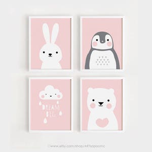 Printable Nursery Art Set of 4 Poster 50x70 Baby Girls room Wall art Child room decor Pink color print Digital file INSTANT DOWNLOAD