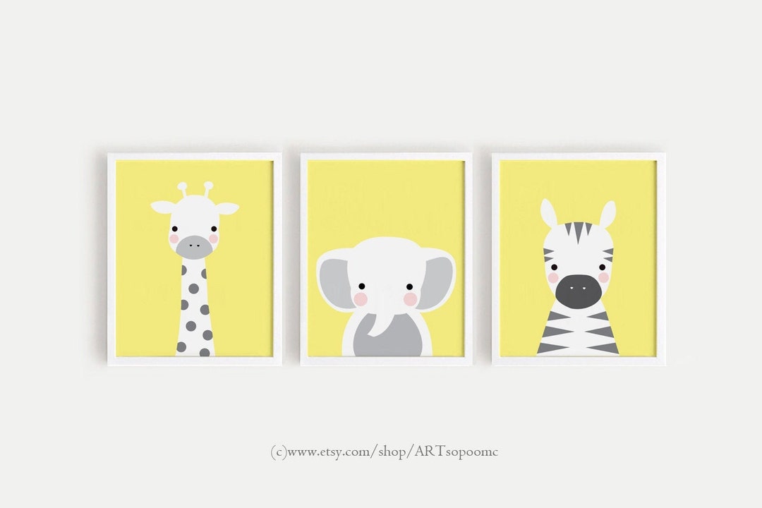 Printable Nursery Art Set of 3 Poster Baby Wall Art Kids Room Decor Yellow Room Art Giraffe