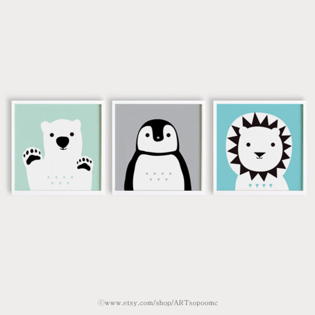 Printable Nursery Art Set of 3 Bear Lion Penguin Animals Poster Baby ...