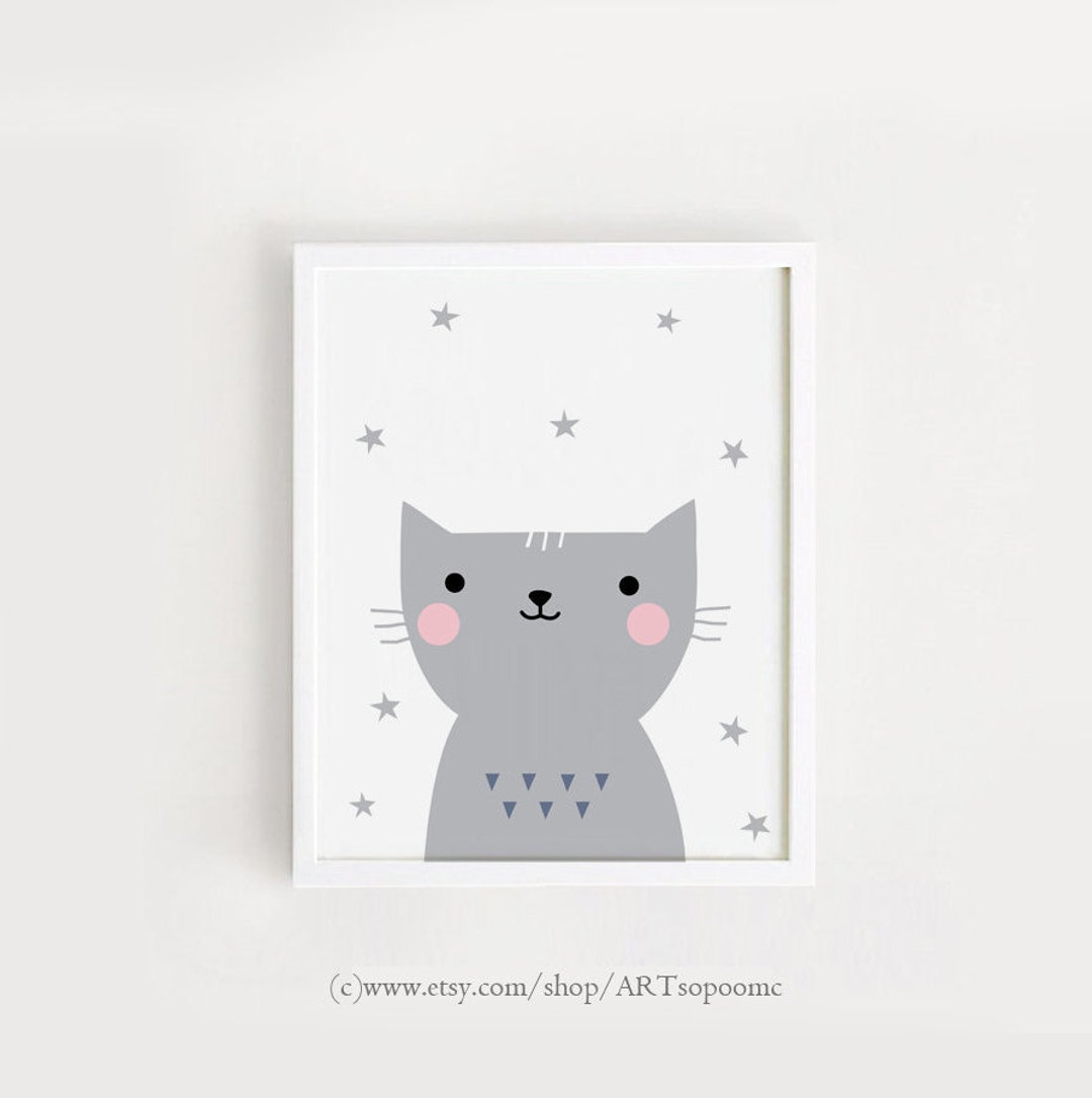 Printable Nursery Wall Art Cat Print Baby Room Decor Gray Cute Kids Art ...