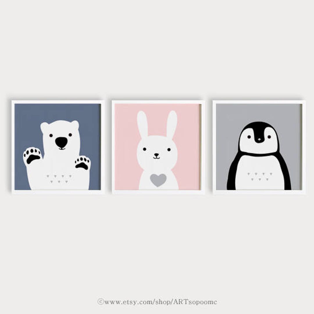 Printable Nursery Art Set of 3 Bear Bunny Penguin Animals Poster Baby ...