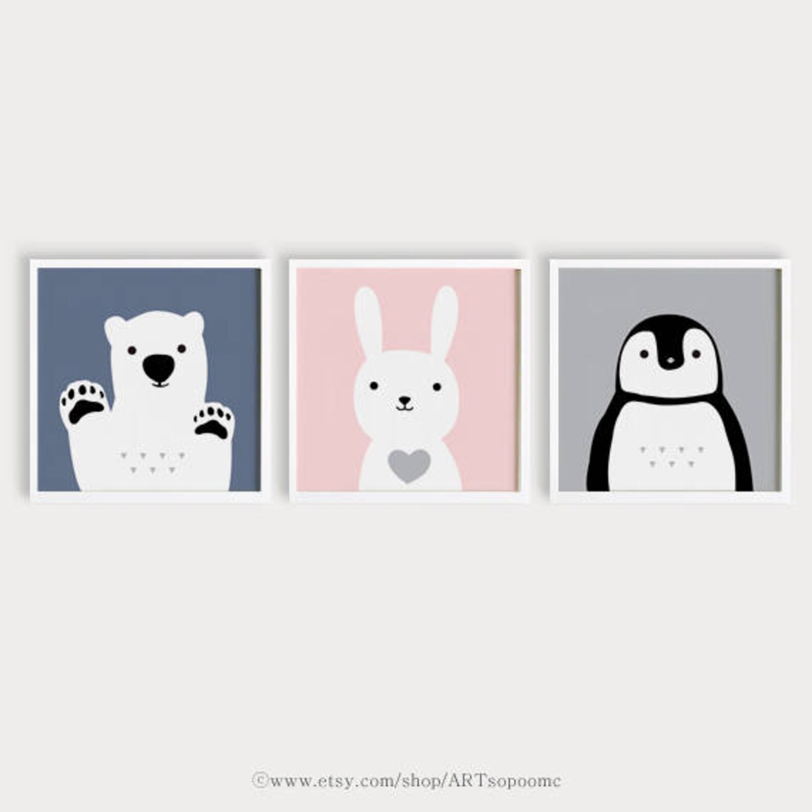 Printable Nursery Art Set of 3 Bear Bunny Penguin Animals | Etsy