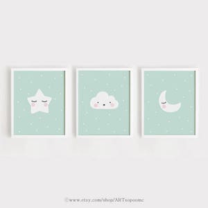 Bebé impresiones digitales Estrella Nube Luna imprimible vivero pared arte conjunto de 3 Poster Mint decoración Niños habitación impresión descarga 5x7, 8x10, 11x14, A4, A3