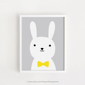 Imprimible conejito arte bebé habitación decoración niños imprimir niño cartel digital vivero vivero pared arte gris y amarillo lindo animal 8x10, 11x14, A4, A3