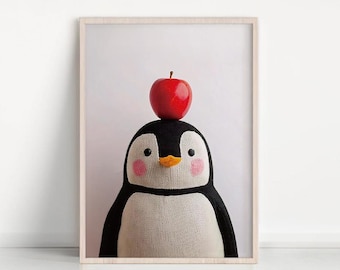 Penguin With Apple Nursery Print, Kids Room Decor (digital