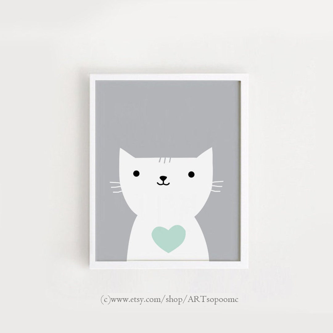 Printable Nursery Wall Art Cat With Print Baby Room Gray Decor Cute ...
