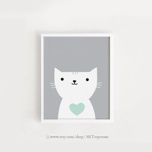 Imprimible vivero pared arte gato con impresión bebé habitación gris decoración lindos niños arte poster 8x10, 11x14, A4, A3, A2 impresión digital descarga instantánea