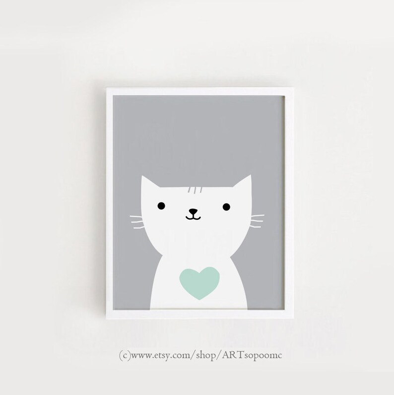 Printable Nursery Wall Art Cat With Print Baby Room Gray Decor Etsy