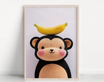 Lámina artística para habitación infantil con diseño de mono bebé y plátano (descarga digital)