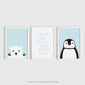 Printable Nursery Art Set of 3 Poster Baby room Wall art Light blue Kids room decor Child art Dog and penguin print set Instant download