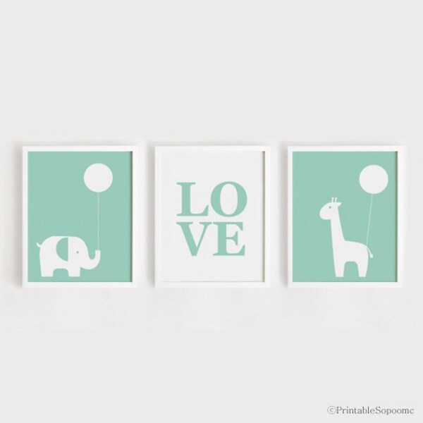 Printable Nursery Art Set of 3 Poster Elephants Love Giraffes Baby room Wall art Child room decor Mint color Digital file INSTANT DOWNLOAD
