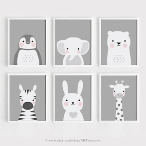 Vivero para imprimir pared arte Set de 6 carteles arte Kids salón de decoración 5 x 7, 8 x 10, A4, A3 conejo oso animales imprimir descargar ARTsopoomc