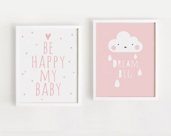 Printable Nursery Art Set of 2 Poster Baby Girls room Wall art Child room decor Pink color print Digital file INSTANT DOWNLOAD