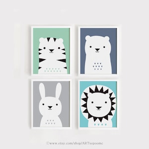Imprimibles infantiles arte conjunto de sala de impresión instantánea descargar cartel oso conejo León tigre bebé 4 arte de la pared decoración de la habitación del niño 5 x 7, A4, 8 x 10, 30 x 40