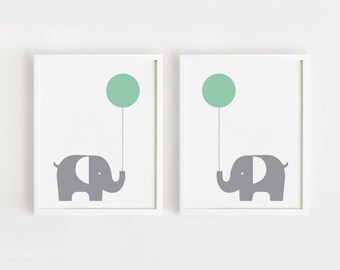 INSTANT DOWNLOAD - Elephant with balloon Print Cute baby Poster Kawaii Illustration Printable Nursery wall art prints Digital File