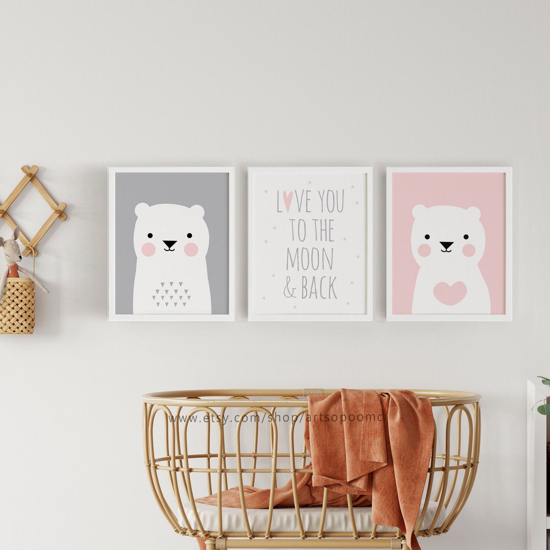 Printable Nursery Wall Art Set of 3 Bear Poster Pink and Gray Deco Baby ...