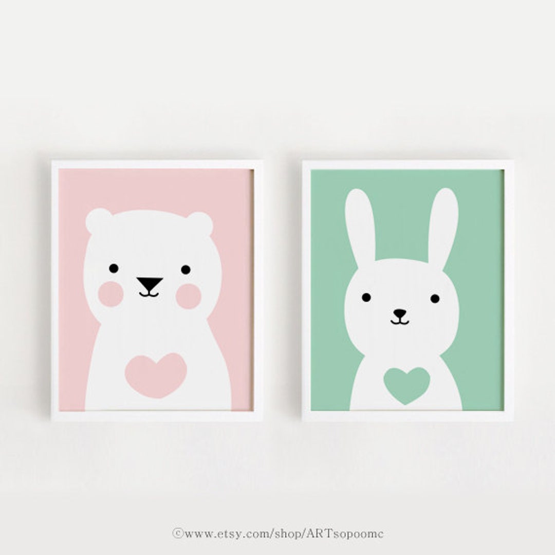 Printable Nursery Art Set of 2 Poster Bear Bunny Baby Room Wall Art ...
