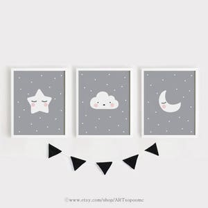 Digital prints / Star Cloud Moon Printable Nursery Art Set of 3 Poster Baby room Wall art Kids room print Gray and white decor