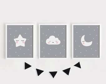 Star, Cloud & Moon Nursery Art Prints, Set of 3 (Digital Download)