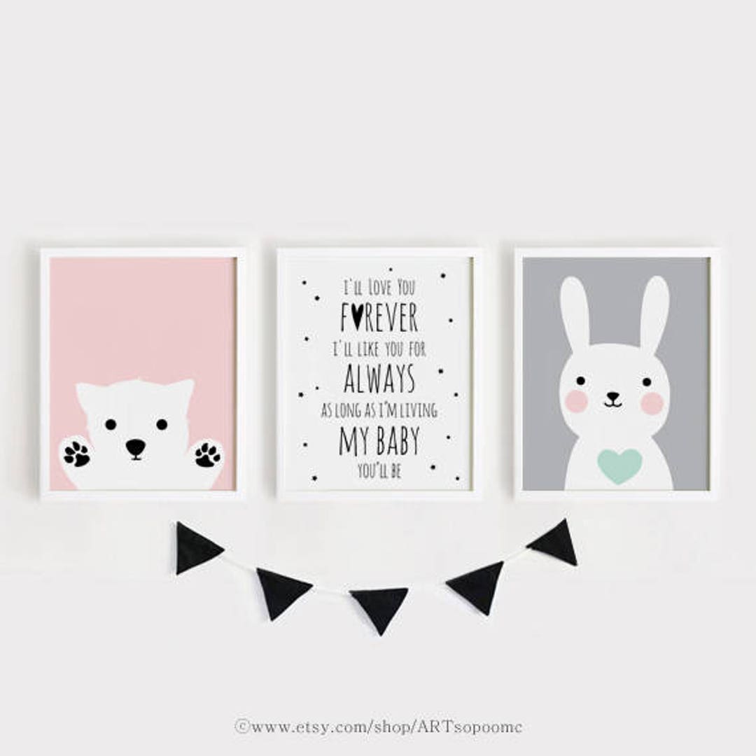 Printable Nursery Art Set of 3 Baby Room Poster Puppy and Bunny Print ...