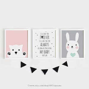 Printable Nursery Art Set of 3 Baby room poster Puppy and Bunny Print Pink and gray Decoración artística de pared 8x10 , 11x14, A4, A3 Impresiones digitales