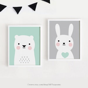 Imprimibles infantiles arte conjunto de la habitación de bebé de cartel 2 arte de la pared Kids salón de decoración menta y gris oso conejo impresión 8 x 10, A4, A3, descarga inmediata 40 x 50