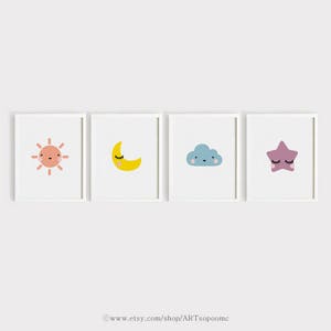 Printable nursery wall art Set of 4 Sun Moon Cloud Star Poster Baby Kids Child room decor Cute Digital print Instant download