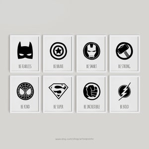 Printable Nursery wall art Set Superhero Kids bedroom decor Inspiration Quote prints Baby Boy room Sign Black and White Instant Download