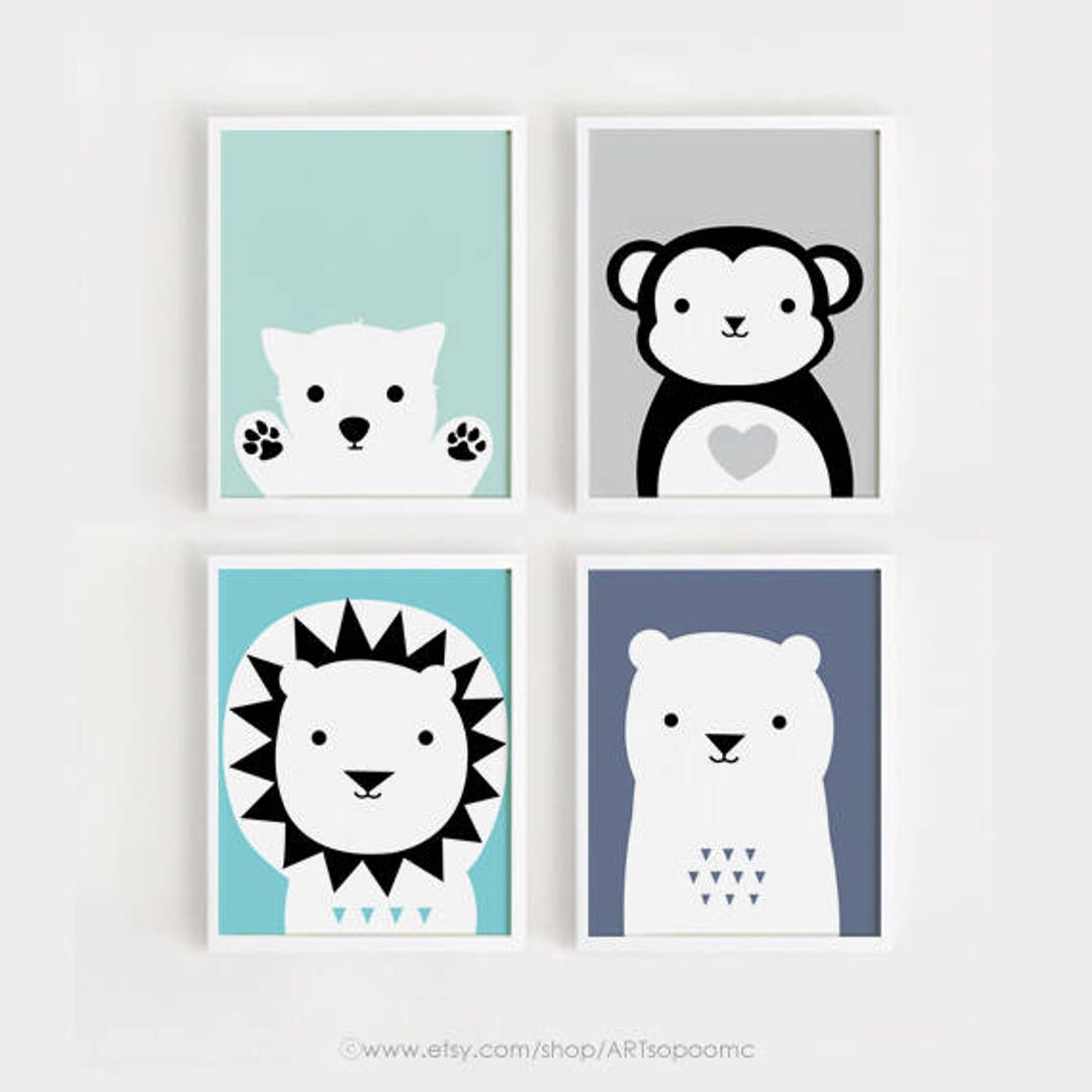 Printable Nursery Art Set of 4 Poster Lion Monkey Puppy Bear Animals ...