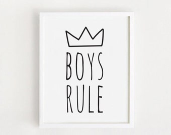 Boys Rule Printable wall art Boy room Sign Black and White Kids Bedroom decor Instant Download Scandinavian Digital print Poster 50x70