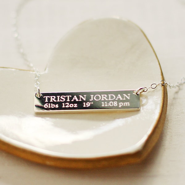 Sterling Silver Bar Necklace: Engraved Baby Birth Stats, Mommy Gift