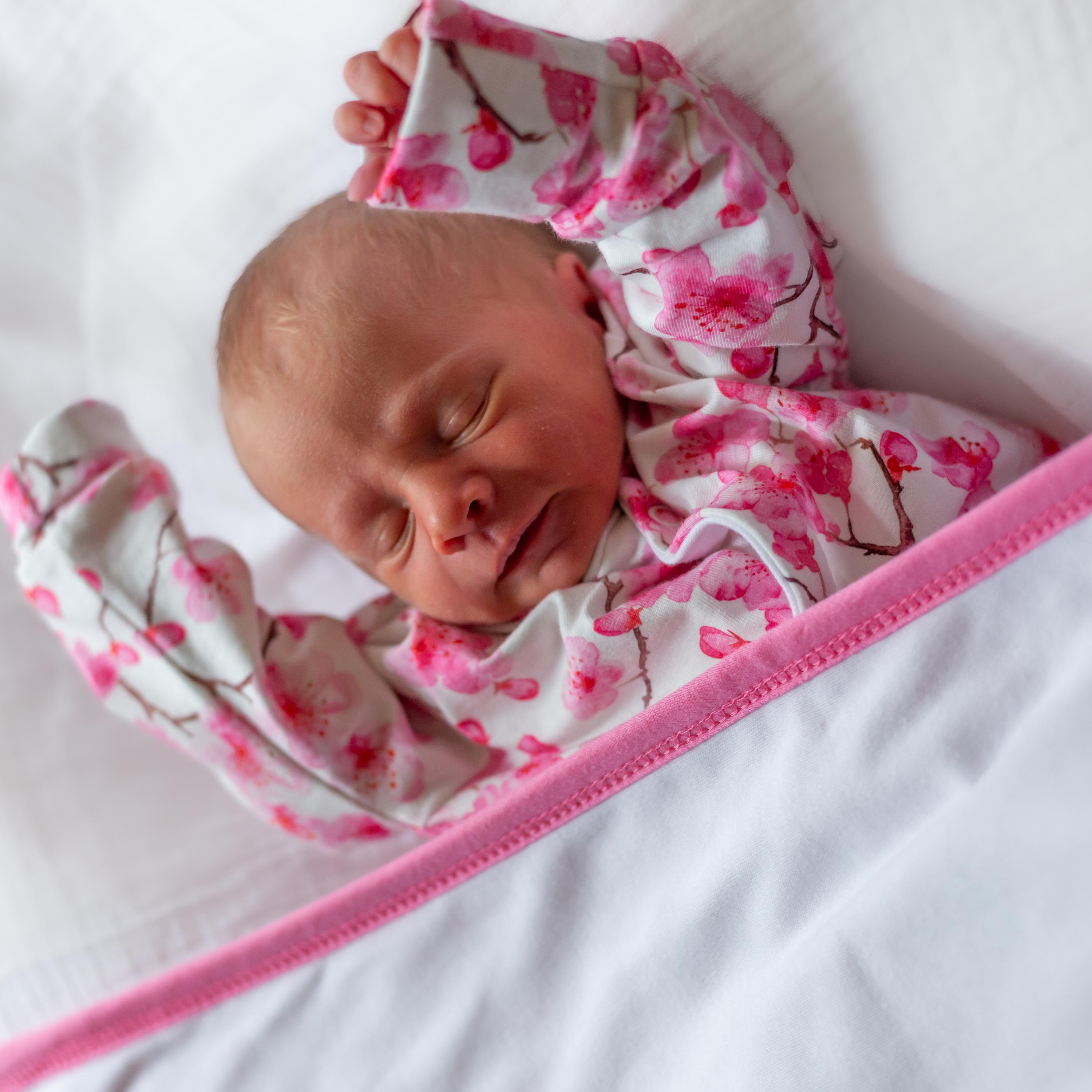 Cherry Blossom Baby Sleepsuit - Soft Cotton, UK Made, Romper, Onesie