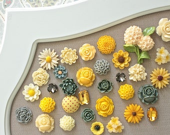 Yellow Ivory Gray Cork Board Thumbtacks, Mix Flower Pushpins Set, Office Push Pin Gift Set, Beautiful Thumbtack Set, Gold Pins, Strong Tacks