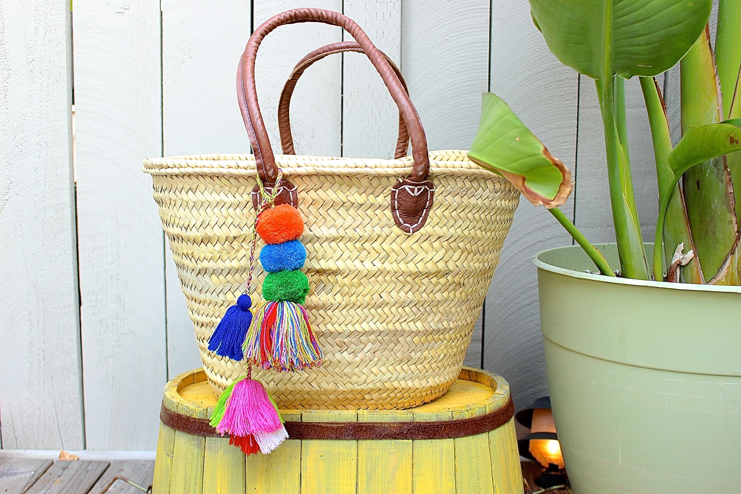 Two Long Handles French Market Basket with Pom Poms Small Etsy