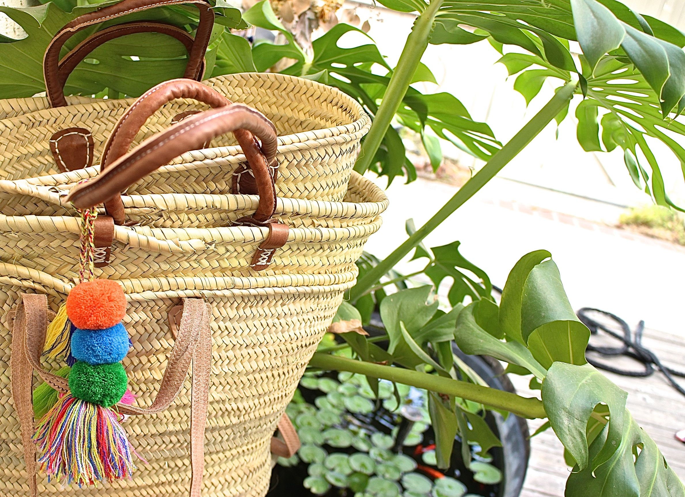 Two Long Handles French Market Basket with Pom Poms Small Etsy