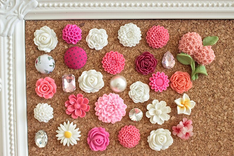 Pink and White Cork Board Thumbtacks Pink Flower Pushpins Etsy