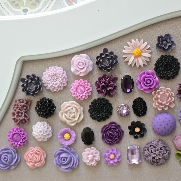 Purple and Black Cork Board Thumbtack, Mix Floral Pushpins Set, Cute Push Pin, Beautiful Thumbtack, Bulletin Board Pins