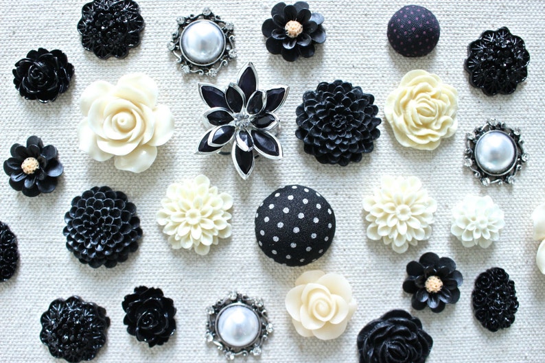 Black and Ivory Flower Thumbtack Office Pushpin Set Etsy