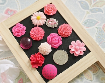 Mixed Pink 12 Piece Flower Magnets, Coral Magnets, Home Magnets, Fridge Magnet, Unique Magnet Set, Magnet Gifts, Button and Rhinestone