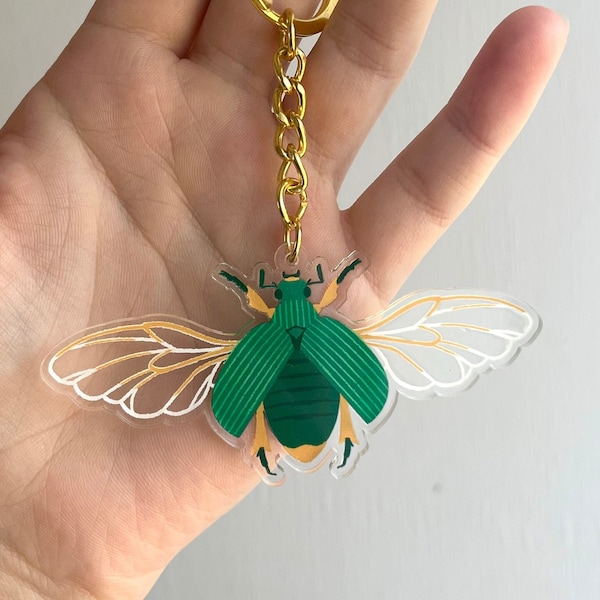 June Bug Green Beetle Clear Acrylic Keychain Charm