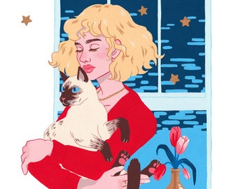 Coping Mechanisms Girl Holding Cat Colorful Gouache Giclee Art Print Room Decor